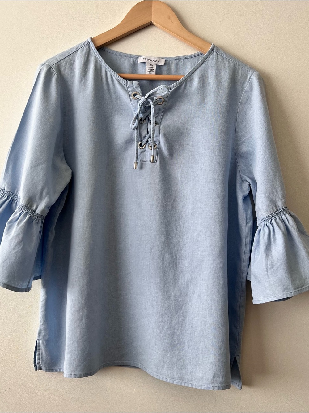 Calvin Klein Blue Lace-Up Ruffle Bell Sleeve Linen Blend Top M EUC Boho Chic